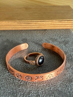 Aida Jewelss El Işi Bakır Bileklik ve Doğal Taşlı Yüzük Kombini, Ayarlanabilir Ölçü