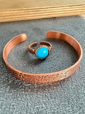 Aida Jewelss El Işi Bakır Bileklik ve Doğal Taşlı Yüzük Kombini, Ayarlanabilir Ölçü