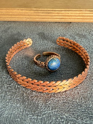 Aida Jewelss El Işi Bakır Bileklik ve Doğal Taşlı Yüzük Kombini, Ayarlanabilir Ölçü