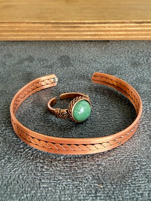 Aida Jewelss El Işi Bakır Bileklik ve Doğal Taşlı Yüzük Kombini, Ayarlanabilir Ölçü
