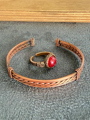 Aida Jewelss El Işi Bakır Bileklik ve Doğal Taşlı Yüzük Kombini, Ayarlanabilir Ölçü