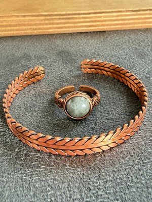 Aida Jewelss El Işi Bakır Bileklik ve Doğal Taşlı Yüzük Kombini, Ayarlanabilir Ölçü