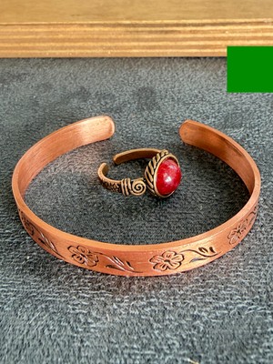 Aida Jewelss El Işi Bakır Bileklik ve Doğal Taşlı Yüzük Kombini, Ayarlanabilir Ölçü