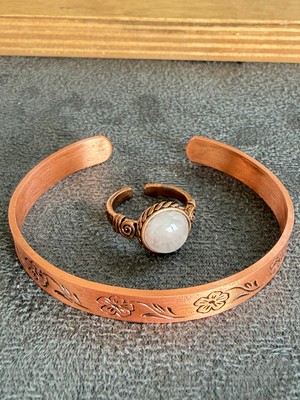 Aida Jewelss El Işi Bakır Bileklik ve Doğal Taşlı Yüzük Kombini, Ayarlanabilir Ölçü