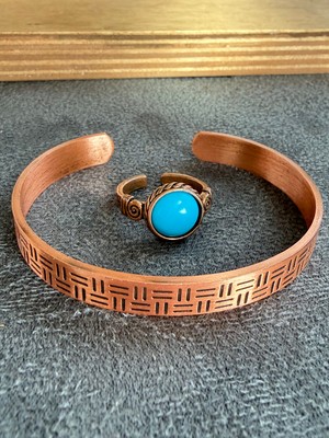 Aida Jewelss El Işi Bakır Bileklik ve Doğal Taşlı Yüzük Kombini, Ayarlanabilir Ölçü