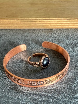 Aida Jewelss El Işi Bakır Bileklik ve Doğal Taşlı Yüzük Kombini, Ayarlanabilir Ölçü