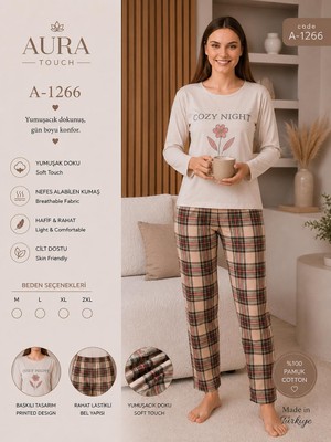 Aura Touch Uzun Kollu Kare ve Çiçek Desenli Kadın  Pijama Takımı