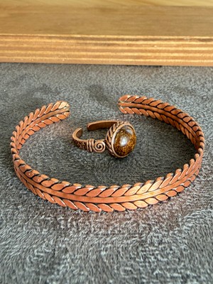 Aida Jewelss El Işi Bakır Bileklik ve Doğal Taşlı Yüzük Kombini, Ayarlanabilir Ölçü