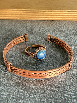 Aida Jewelss El Işi Bakır Bileklik ve Doğal Taşlı Yüzük Kombini, Ayarlanabilir Ölçü