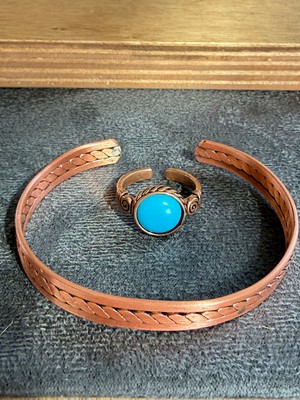 Aida Jewelss El Işi Bakır Bileklik ve Doğal Taşlı Yüzük Kombini, Ayarlanabilir Ölçü