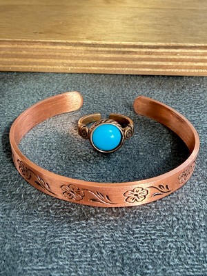 Aida Jewelss El Işi Bakır Bileklik ve Doğal Taşlı Yüzük Kombini, Ayarlanabilir Ölçü