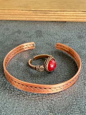 Aida Jewelss El Işi Bakır Bileklik ve Doğal Taşlı Yüzük Kombini, Ayarlanabilir Ölçü