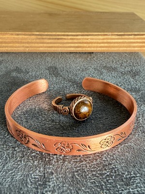 Aida Jewelss El Işi Bakır Bileklik ve Doğal Taşlı Yüzük Kombini, Ayarlanabilir Ölçü