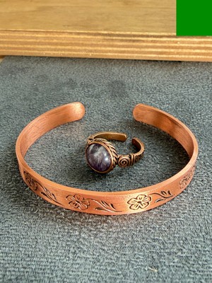 Aida Jewelss El Işi Bakır Bileklik ve Doğal Taşlı Yüzük Kombini, Ayarlanabilir Ölçü