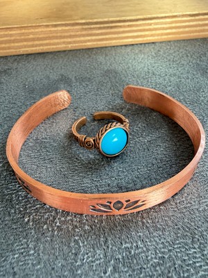 Aida Jewelss El Işi Bakır Bileklik ve Doğal Taşlı Yüzük Kombini, Ayarlanabilir Ölçü