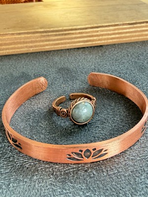 Aida Jewelss El Işi Bakır Bileklik ve Doğal Taşlı Yüzük Kombini, Ayarlanabilir Ölçü