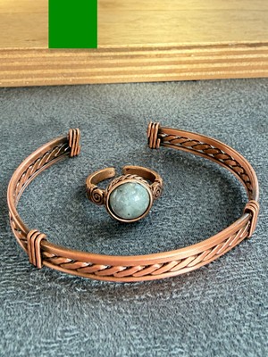 Aida Jewelss El Işi Bakır Bileklik ve Doğal Taşlı Yüzük Kombini, Ayarlanabilir Ölçü