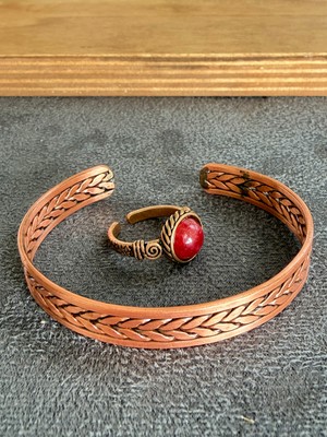 Aida Jewelss El Işi Bakır Bileklik ve Doğal Taşlı Yüzük Kombini, Ayarlanabilir Ölçü