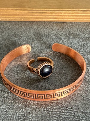 Aida Jewelss El Işi Bakır Bileklik ve Doğal Taşlı Yüzük Kombini, Ayarlanabilir Ölçü
