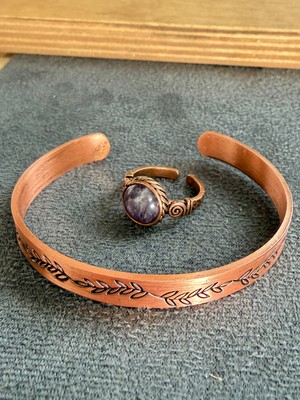 Aida Jewelss El Işi Bakır Bileklik ve Doğal Taşlı Yüzük Kombini, Ayarlanabilir Ölçü