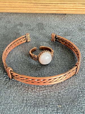 Aida Jewelss El Işi Bakır Bileklik ve Doğal Taşlı Yüzük Kombini, Ayarlanabilir Ölçü