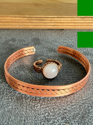 Aida Jewelss El Işi Bakır Bileklik ve Doğal Taşlı Yüzük Kombini, Ayarlanabilir Ölçü