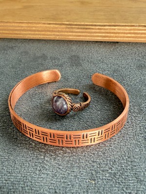 Aida Jewelss El Işi Bakır Bileklik ve Doğal Taşlı Yüzük Kombini, Ayarlanabilir Ölçü