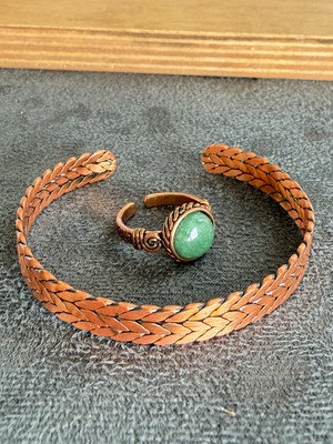 Aida Jewelss El Işi Bakır Bileklik ve Doğal Taşlı Yüzük Kombini, Ayarlanabilir Ölçü
