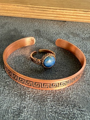 Aida Jewelss El Işi Bakır Bileklik ve Doğal Taşlı Yüzük Kombini, Ayarlanabilir Ölçü