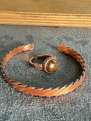 Aida Jewelss El Işi Bakır Bileklik ve Doğal Taşlı Yüzük Kombini, Ayarlanabilir Ölçü