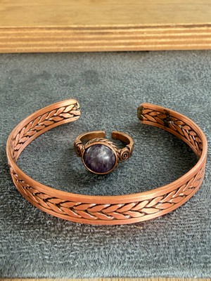 Aida Jewelss El Işi Bakır Bileklik ve Doğal Taşlı Yüzük Kombini, Ayarlanabilir Ölçü