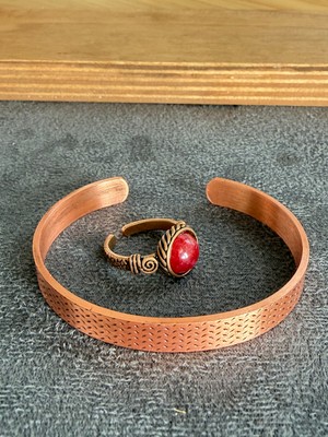 Aida Jewelss El Işi Bakır Bileklik ve Doğal Taşlı Yüzük Kombini, Ayarlanabilir Ölçü