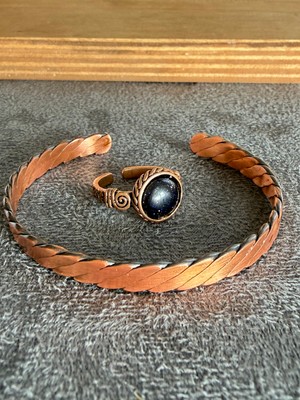 Aida Jewelss El Işi Bakır Bileklik ve Doğal Taşlı Yüzük Kombini, Ayarlanabilir Ölçü