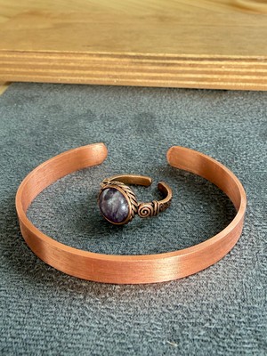 Aida Jewelss El Işi Bakır Bileklik ve Doğal Taşlı Yüzük Kombini, Ayarlanabilir Ölçü