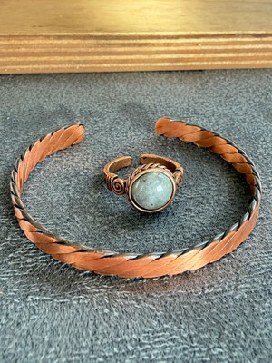 Aida Jewelss El Işi Bakır Bileklik ve Doğal Taşlı Yüzük Kombini, Ayarlanabilir Ölçü
