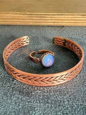 Aida Jewelss El Işi Bakır Bileklik ve Doğal Taşlı Yüzük Kombini, Ayarlanabilir Ölçü