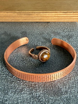 Aida Jewelss El Işi Bakır Bileklik ve Doğal Taşlı Yüzük Kombini, Ayarlanabilir Ölçü