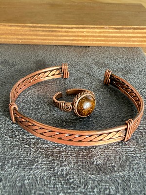 Aida Jewelss El Işi Bakır Bileklik ve Doğal Taşlı Yüzük Kombini, Ayarlanabilir Ölçü