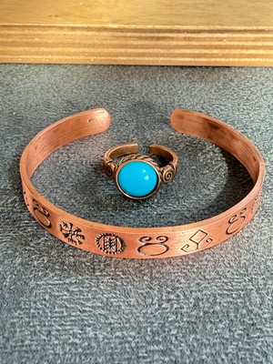 Aida Jewelss El Işi Bakır Bileklik ve Doğal Taşlı Yüzük Kombini, Ayarlanabilir Ölçü