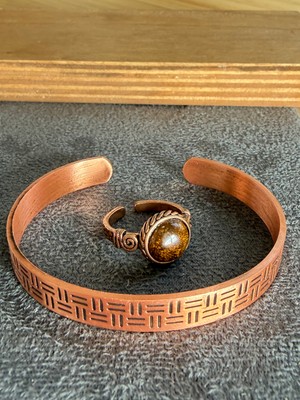 Aida Jewelss El Işi Bakır Bileklik ve Doğal Taşlı Yüzük Kombini, Ayarlanabilir Ölçü