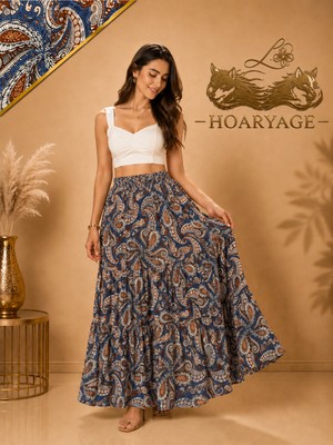 Hoaryage Beli Lastikli Desenli Viskon Basma Kumaş Maxi Boy Anne Etek 36-48BEDEN