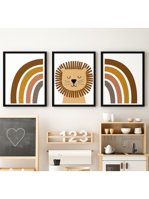Nt Handmade Çerçeveli Uv Baskı 3'lü Aslan Duvar Tablosu – Modern Şık Bebek Çocuk Odası Duvar Dekoru