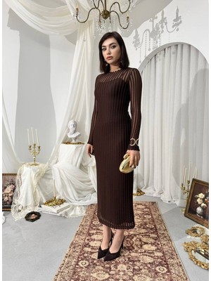 Caddebostan Moda Kadın Uzun Kollu Çizgili Desenli Esnek Kruvaze Yaka Şık Midi Elbise