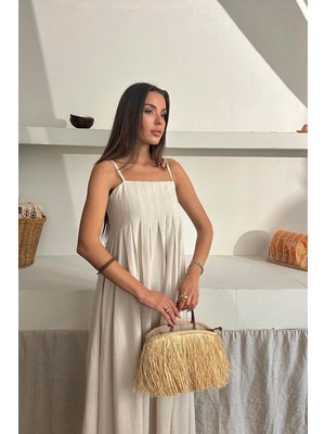 Caddebostan Moda Askılı Pileli Keten Elbise Yazlık Ince Astarsız Uzun Midi Günlük Plaj Elbisesi