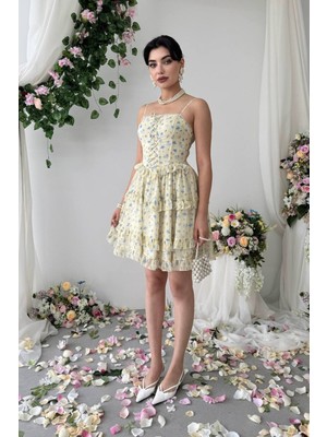 Caddebostan Moda Çiçek Desenli Ip Askılı Körset Detaylı Fırfırlı Mini Elbise