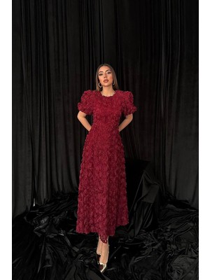 Caddebostan Moda Gül Desenli Balon Kol Midi Elbise Şık Abiye Davet Elbisesi