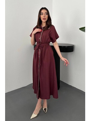 Caddebostan Moda Kemerli Yaka Detaylı Midi Boy Gömlek Elbise