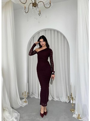 Caddebostan Moda Dantel Detaylı Tek Omuz Uzun Abiye Elbise