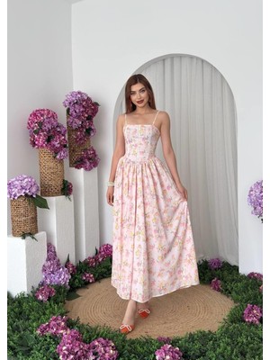 Caddebostan Moda Çiçek Desenli Ip Askılı Korseli Midi Elbise Yazlık Şık Askılı Elbise