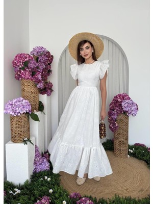 Caddebostan Moda Fırfırlı Kol Detaylı Nakışlı Yazlık Midi Elbise